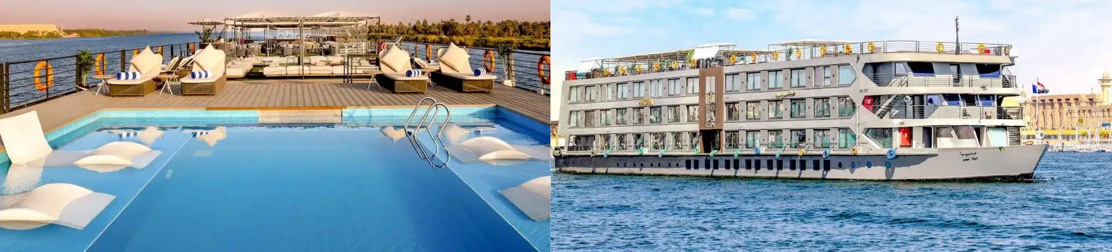Historia Nile Cruise with ship, cabin, restaurant, sundeck pool and ancient Egypt sightseeing