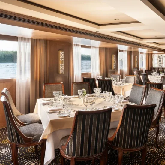 JAZ Viceroy Nile Cruise main restaurant with elegant dining setup and Nile views