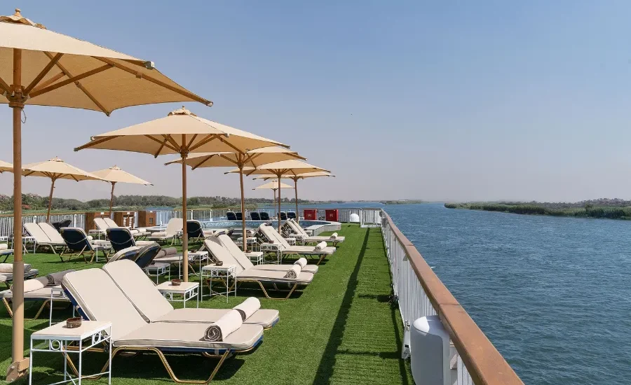 JAZ Viceroy Nile Cruise sundeck with sun loungers and Nile River views