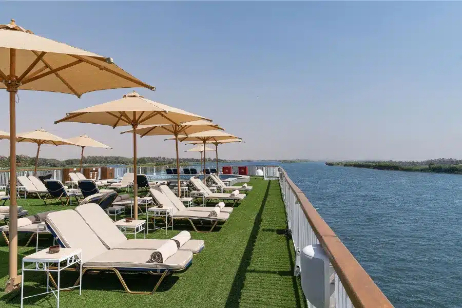 JAZ Viceroy Nile Cruise sundeck with sun loungers and Nile River views