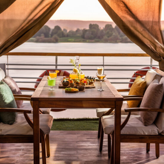 Outdoor seating area overlooking the Nile River