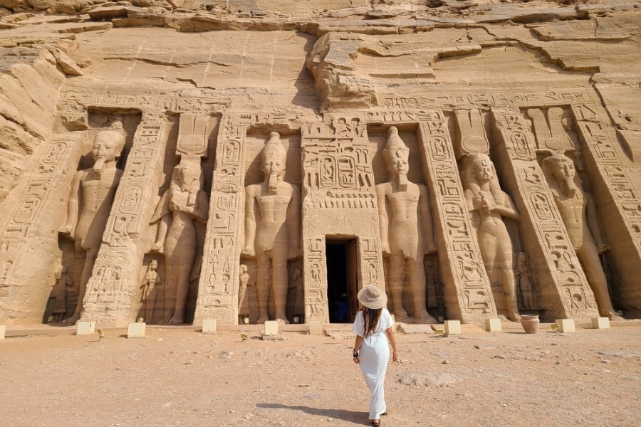 Tourist standing in front of Abu Simbel Temple