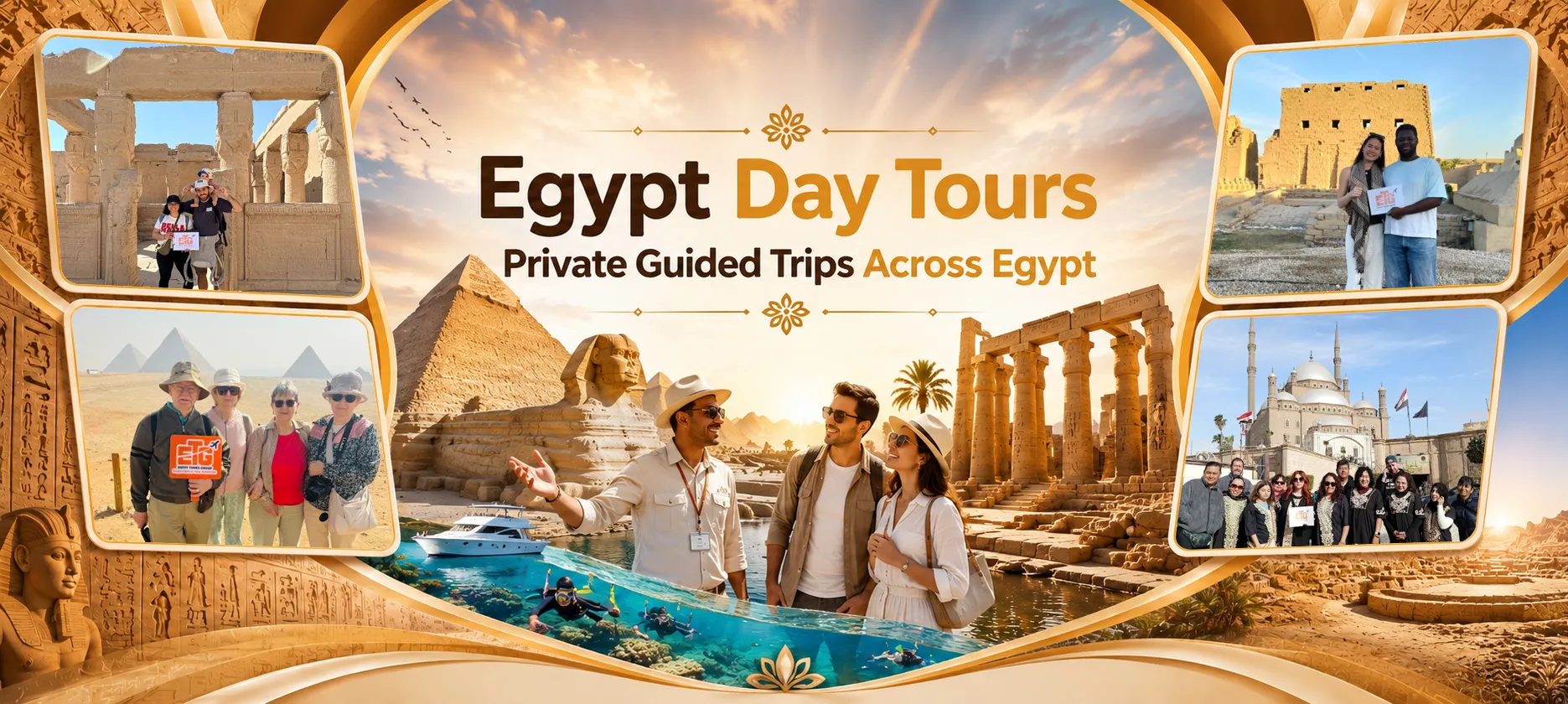 Egypt day tours cover featuring private guided trips across Egypt, pyramids, temples, Cairo, snorkeling, and real travelers