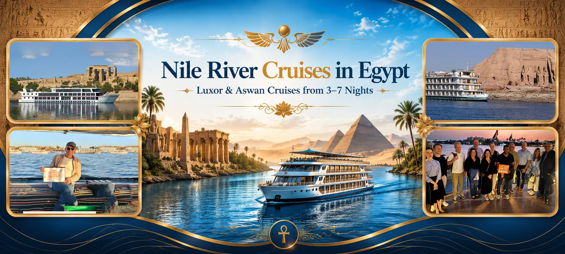 Nile River cruises in Egypt cover featuring Luxor and Aswan cruises, Nile views, ancient temples, cruise ships, and real travelers