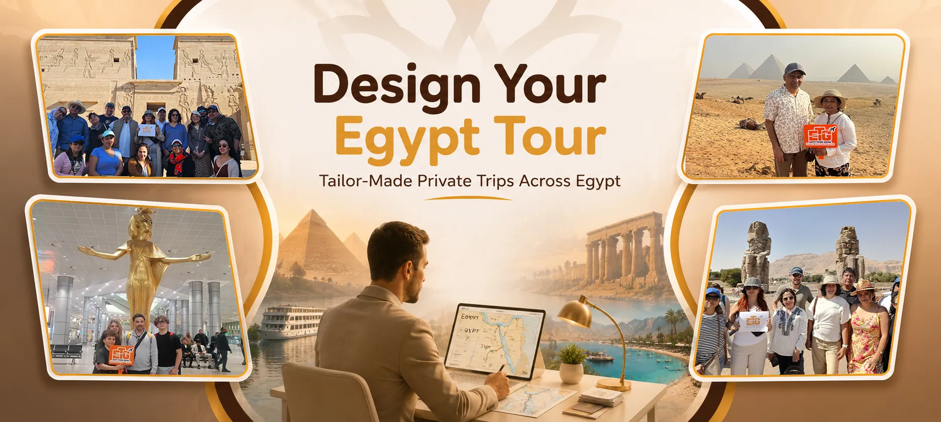 Tailor-made Egypt tour cover featuring private travelers, pyramids, temples, Nile scenery, and custom trip planning across Egypt